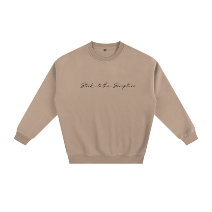 Beige sweatshirt with text on a white background