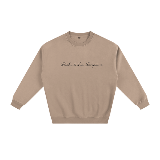 Beige sweatshirt with text on a white background