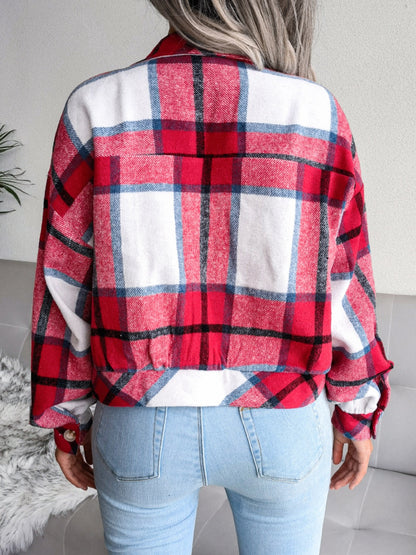 Plaid Collared Neck Long Sleeve Jacket - Cowaa