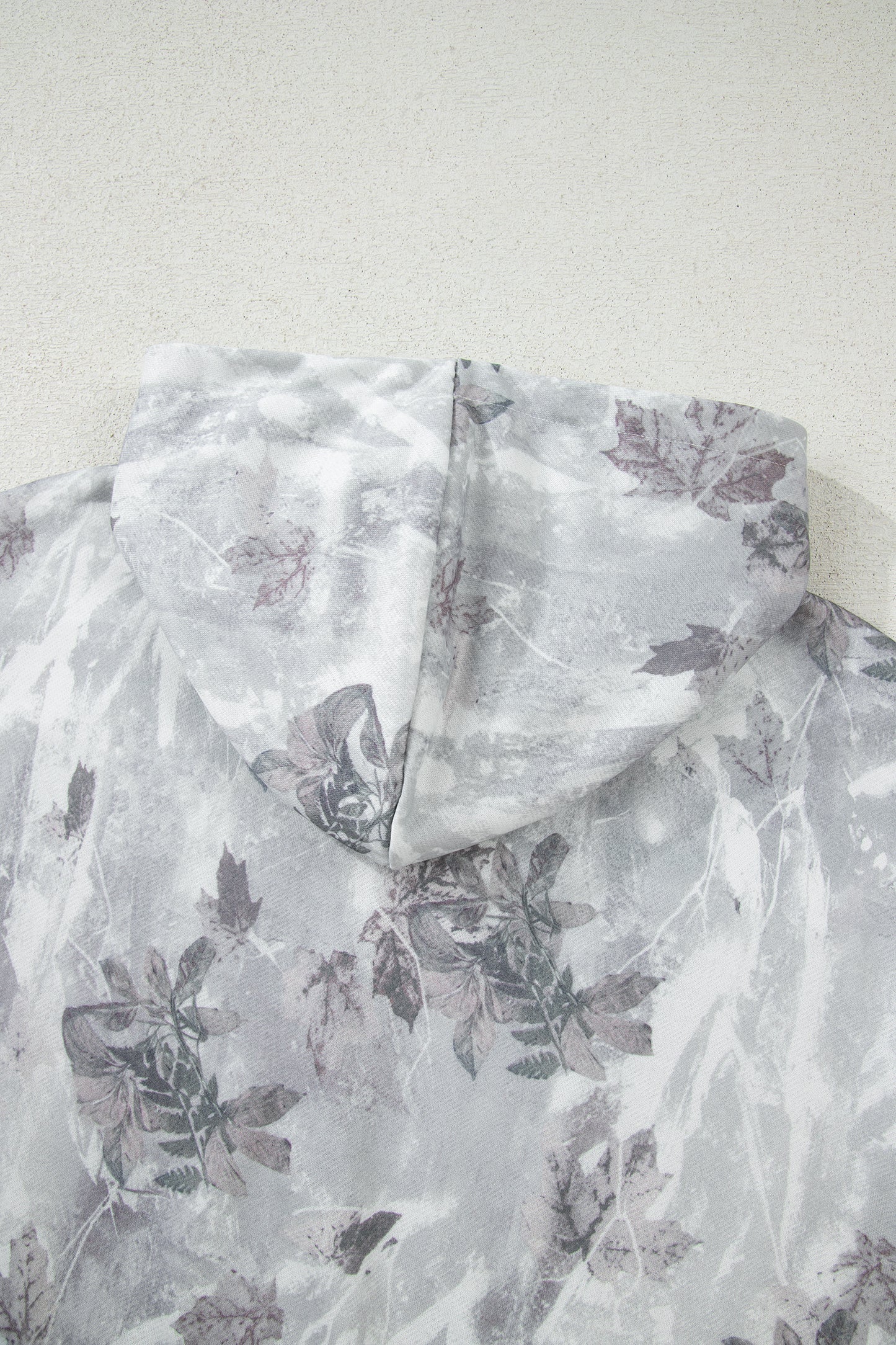Gray Camo Leaf Print Kangaroo Pocket Quarter Zip Hoodie