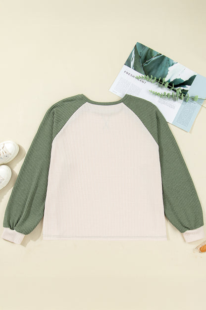 Mist Green Plus Size Waffled Color Block Long Sleeve Top - Cowaa
