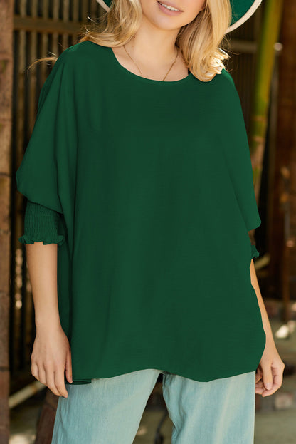 Apricot Solid Casual Smocked Cuffs Batwing Sleeve Blouse - Cowaa