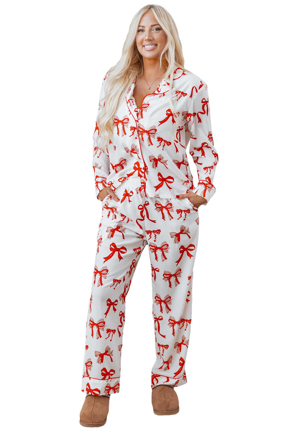 Red Christmas Bow Print Long 2pcs Pajama Set - Cowaa