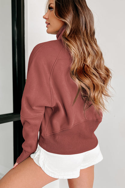 Brown Zip Up Stand Collar Thumbhole Sleeve Sweatshirt - Cowaa