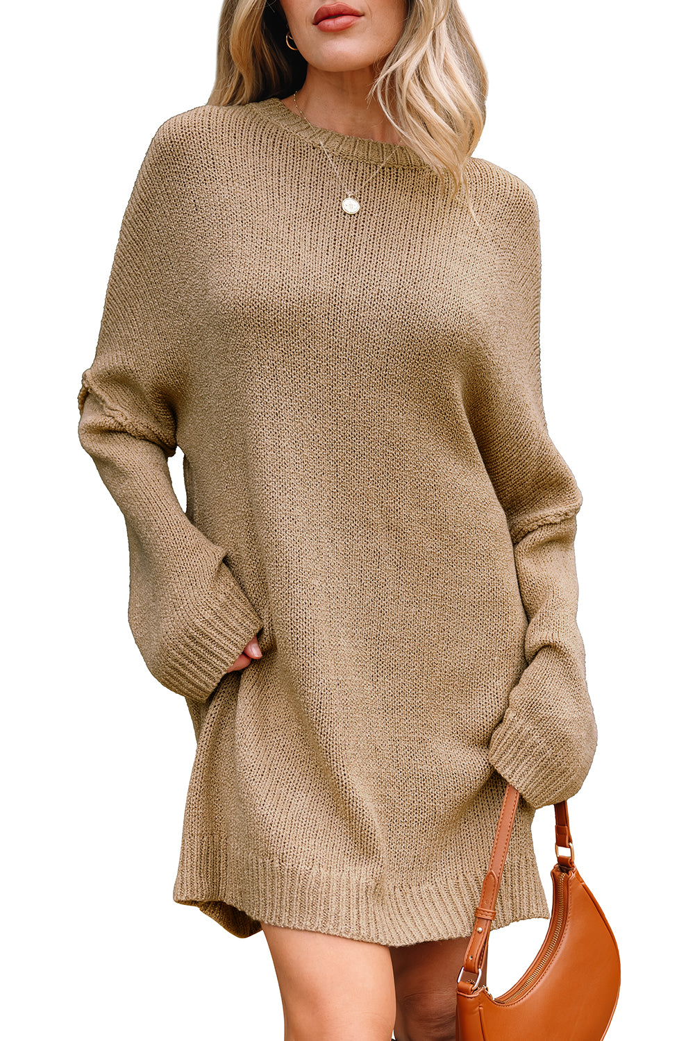 Pale Khaki Oversize Drop Shoulder Slouchy Sweater Dress - Cowaa