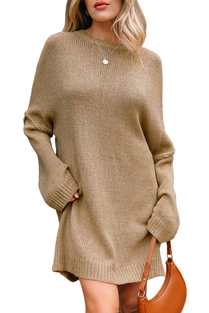 Pale Khaki Oversize Drop Shoulder Slouchy Sweater Dress - Cowaa