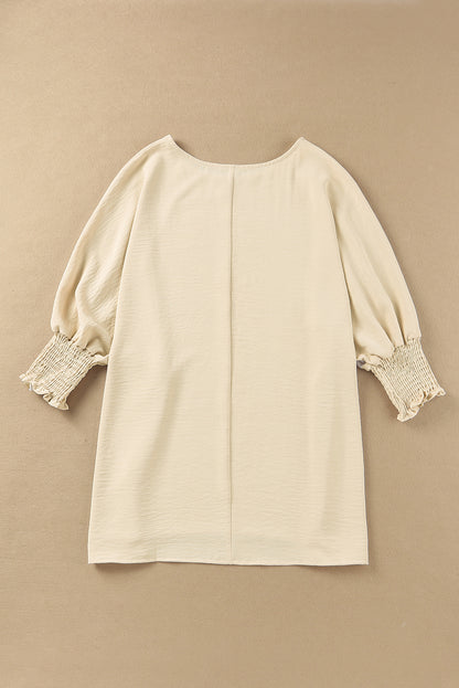Apricot Solid Casual Smocked Cuffs Batwing Sleeve Blouse - Cowaa