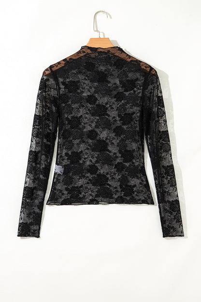 Black Plus Size Floral Mesh Long Sleeve Top