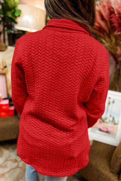 Tomato Red Cable Textured Quarter Zip Pocketed Plus Size Pullover - Cowaa