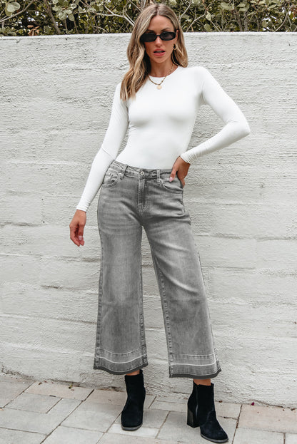 Gray Raw Hem Straight Leg Loose High Waist Jeans.