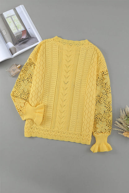 Yellow Crochet Lace Pointelle Knit Sweater
