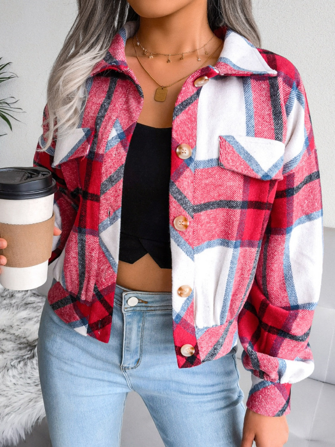 Plaid Collared Neck Long Sleeve Jacket - Cowaa