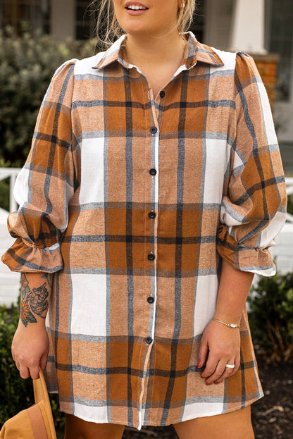 Khaki Plus Size Plaid Flounce Sleeve Button up Shirt Dress - Cowaa