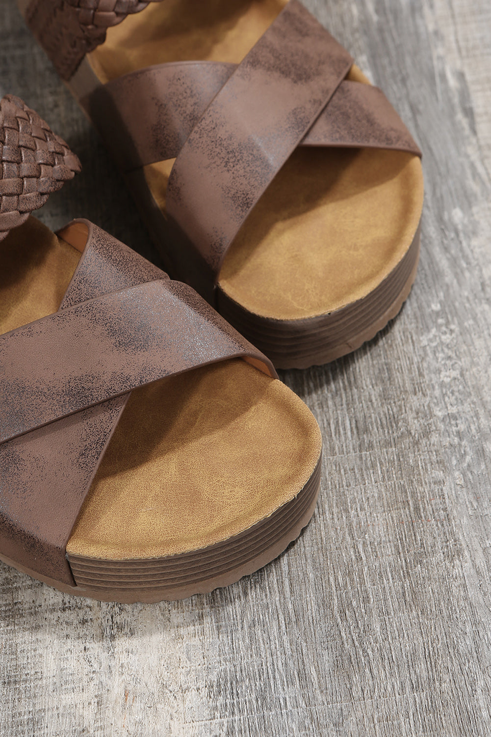 Beige Braided Detail Criss Cross Platform Sandals - Cowaa