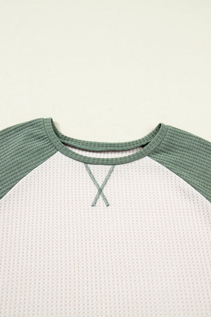 Mist Green Plus Size Waffled Color Block Long Sleeve Top - Cowaa