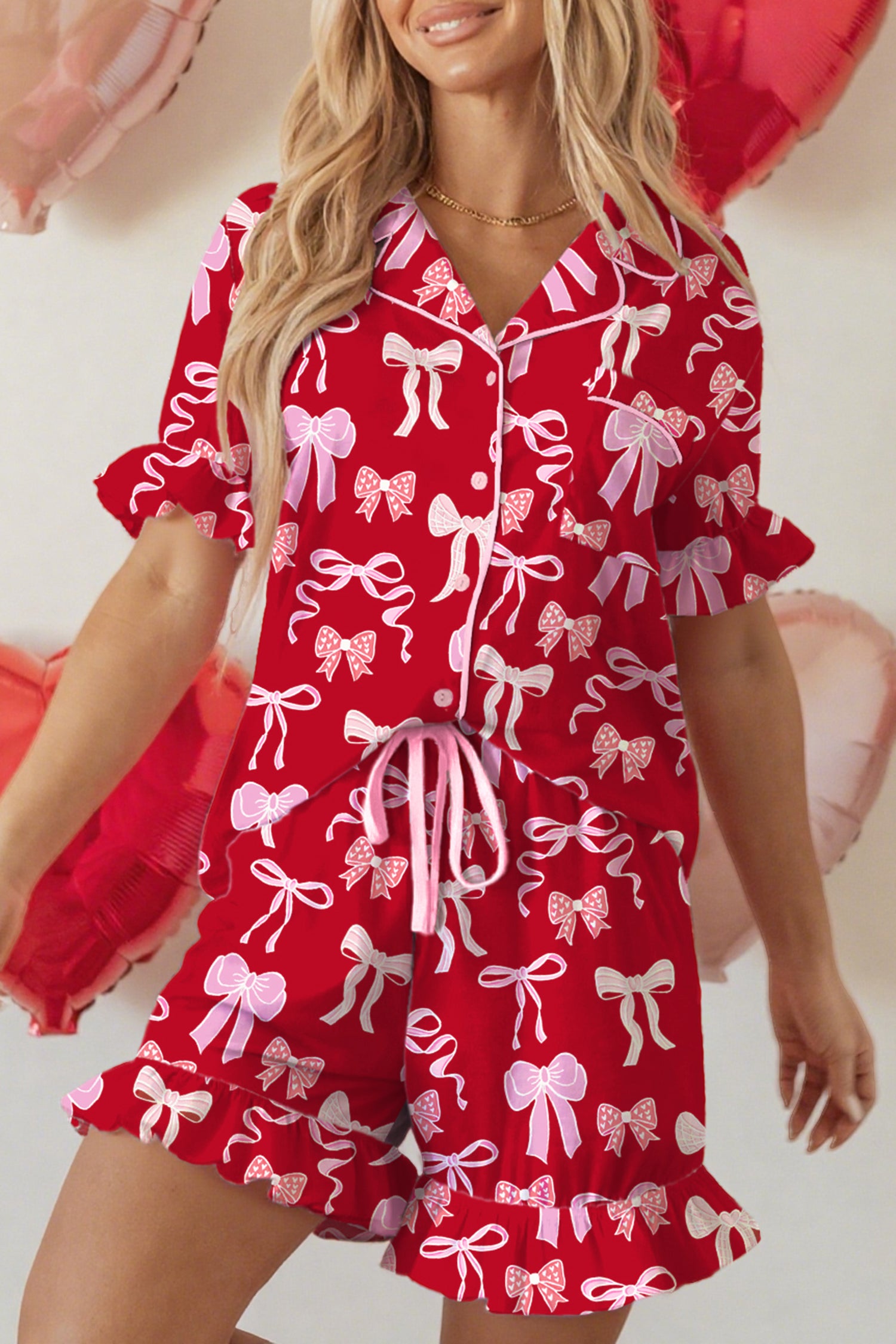 Red Sweet Bow Print Ruffled Short Sleeve Shirt Shorts 2pcs Pajama Set - Cowaa