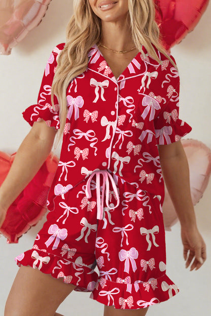 Red Sweet Bow Print Ruffled Short Sleeve Shirt Shorts 2pcs Pajama Set - Cowaa