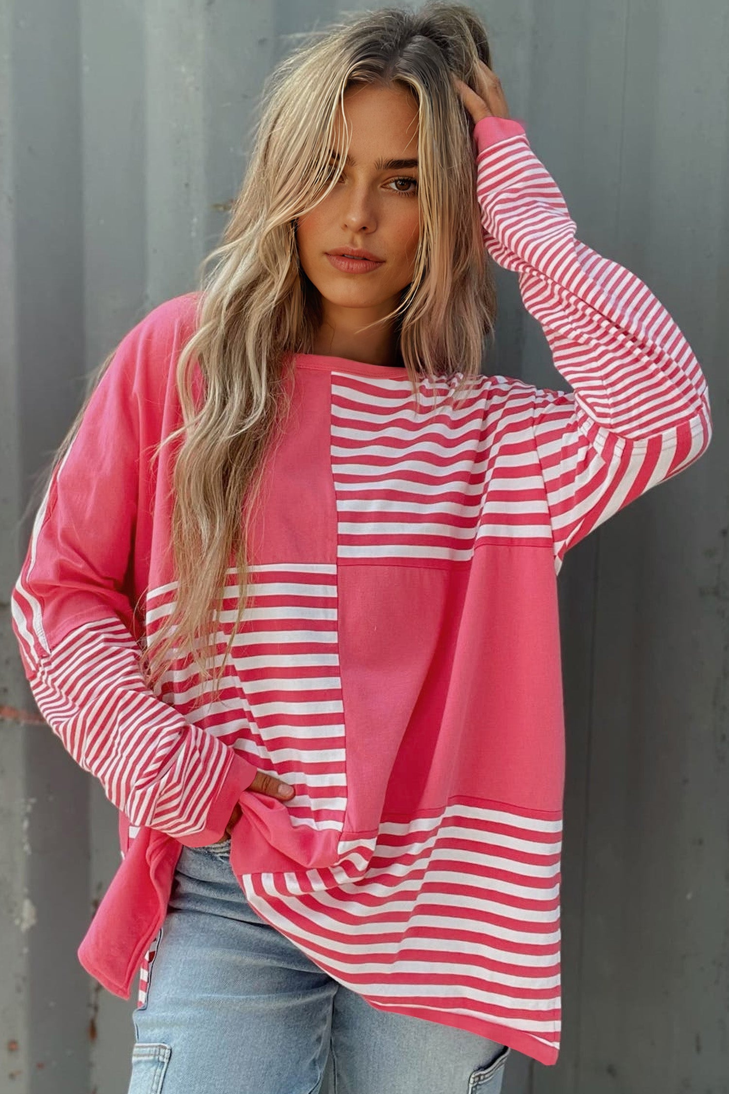 Pink Stripe Color Block Patchwork Drop Shoulder Long Sleeve Tunic Top - Cowaa