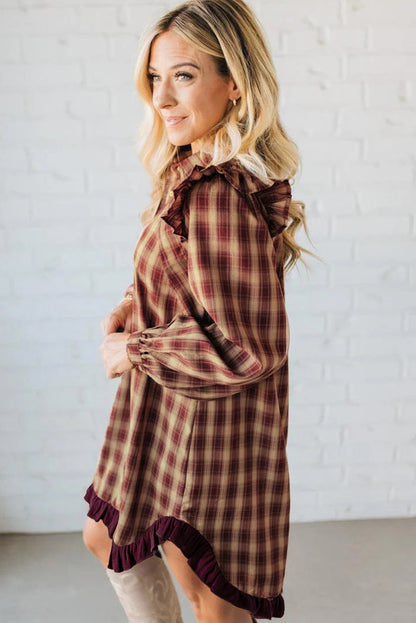 Red Plaid Print Ruffled Long Sleeve Patchwork Hem Mini Shirt Dress - Cowaa