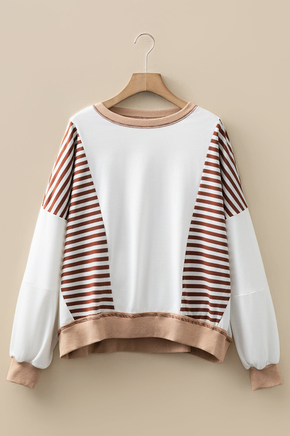 Brown Stripe Colorblock Patchwork Contrast Stitching Oversize Sweatshirt - Cowaa