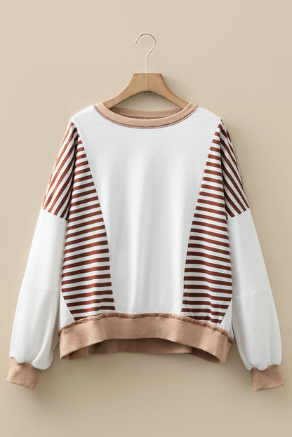 Brown Stripe Colorblock Patchwork Contrast Stitching Oversize Sweatshirt - Cowaa
