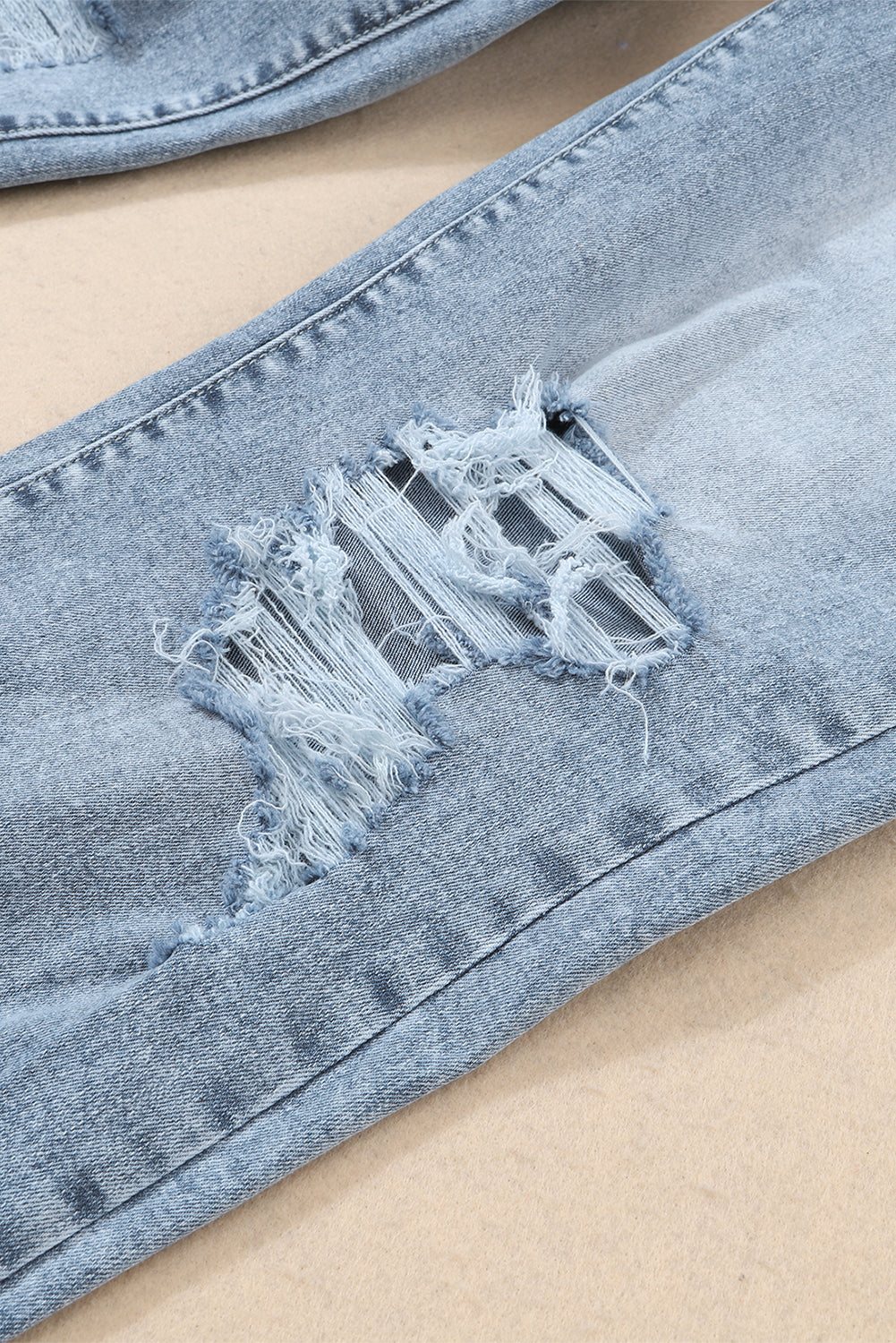 Sky Blue Light Wash Frayed Slim Fit High Waist Jeans - Cowaa