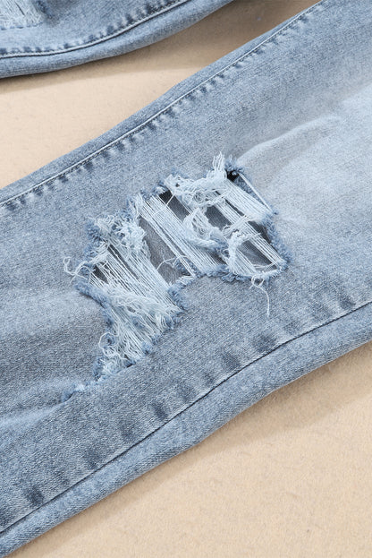 Sky Blue Light Wash Frayed Slim Fit High Waist Jeans - Cowaa