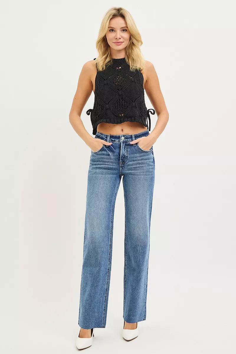 RISEN Tummy Control 4 Way Stretch Mid Rise Straight Jeans.