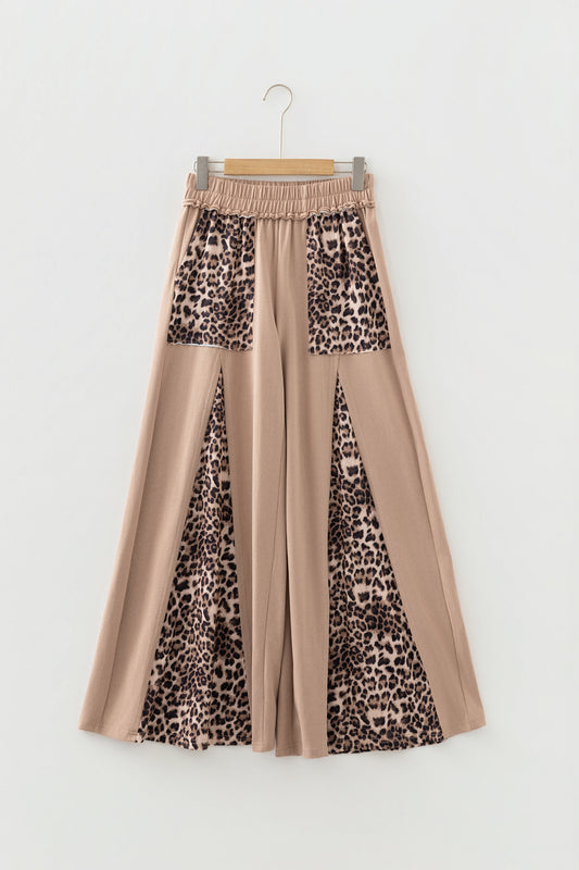Straw Yellow Mineral Wash Leopard Patchwork Wide Leg Pants - Cowaa