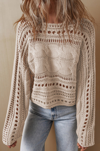 Beige Hollow-out Cable Knit Cropped Sweater