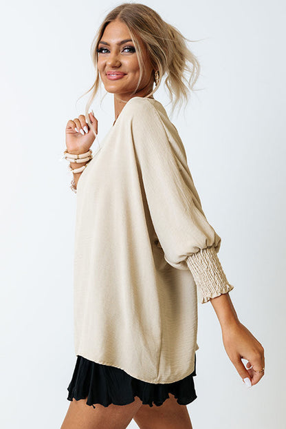 Apricot Solid Casual Smocked Cuffs Batwing Sleeve Blouse - Cowaa