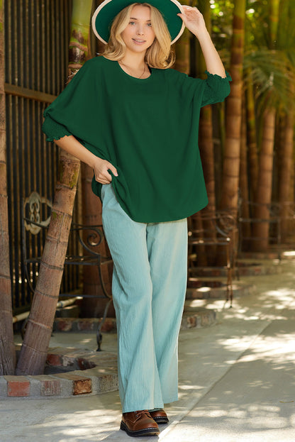 Apricot Solid Casual Smocked Cuffs Batwing Sleeve Blouse - Cowaa