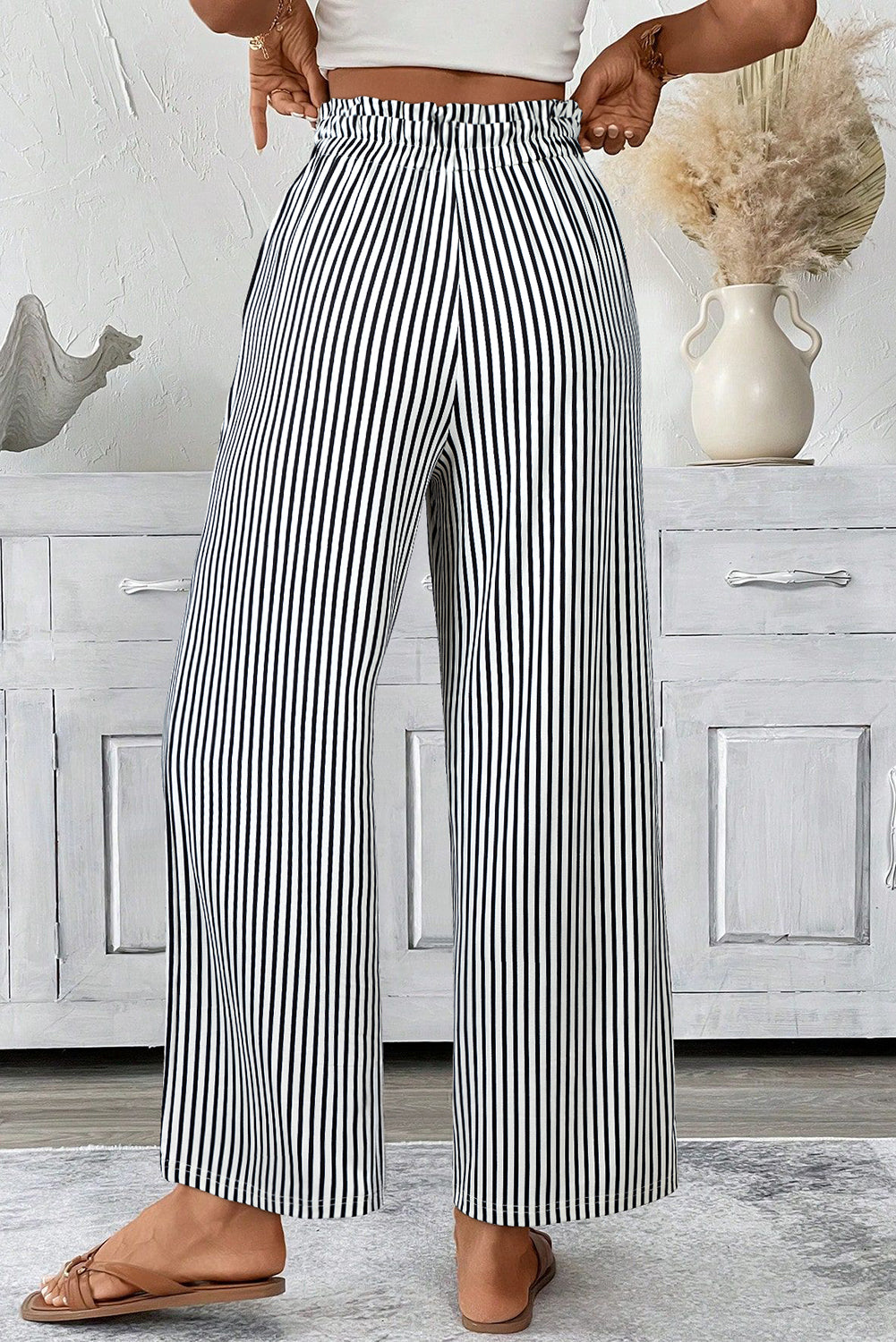 Black Stripe Tied High Waist Loose Straight Casual Pants - Cowaa