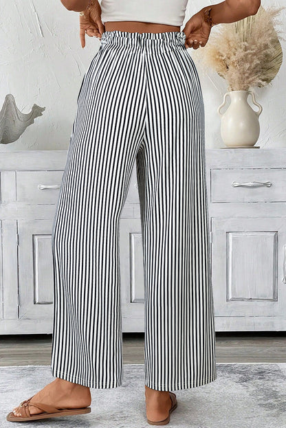 Black Stripe Tied High Waist Loose Straight Casual Pants - Cowaa