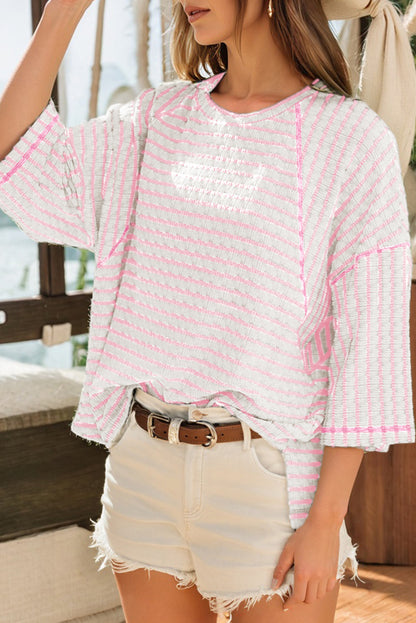 Pink Stripe Textured Knit Split Hem Half Sleeve Loose Top - Cowaa