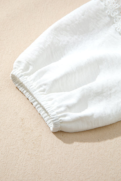 White Solid Color Floral Guipure Lace Patchwork Frilled Long Sleeve Blouse - Cowaa