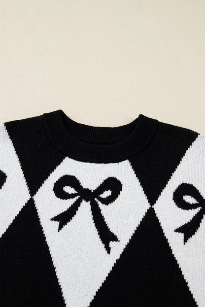 Black Bow Pattern Colorblock Rhombus Knit Loose Sweater - Cowaa