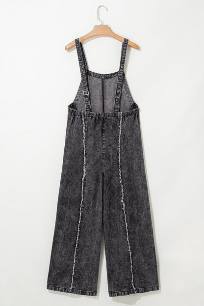 Blue Light Wash Frayed Exposed Seam Wide Leg Denim Overalls - Cowaa
