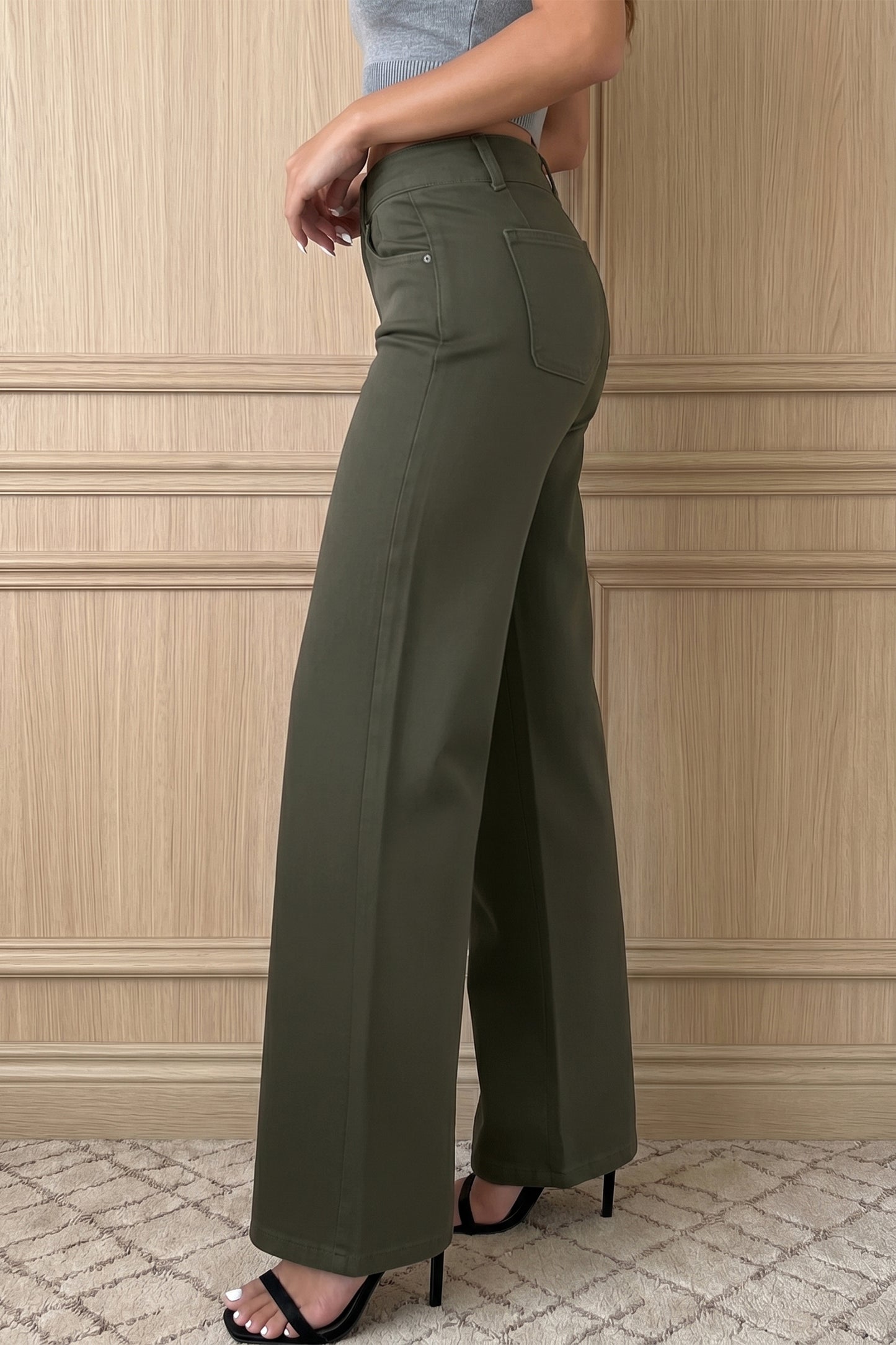 Mist Green 2-Button High Waist Flared Bottom Jeans - Cowaa