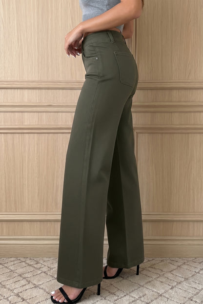 Mist Green 2-Button High Waist Flared Bottom Jeans - Cowaa