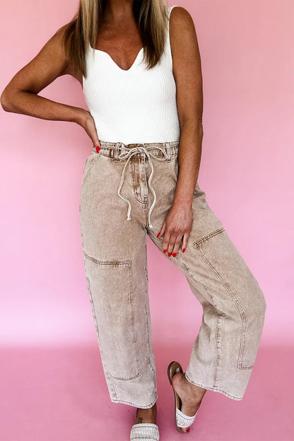 Smoke Gray Acid Wash Barrel Fit Denim Pants with Waist String