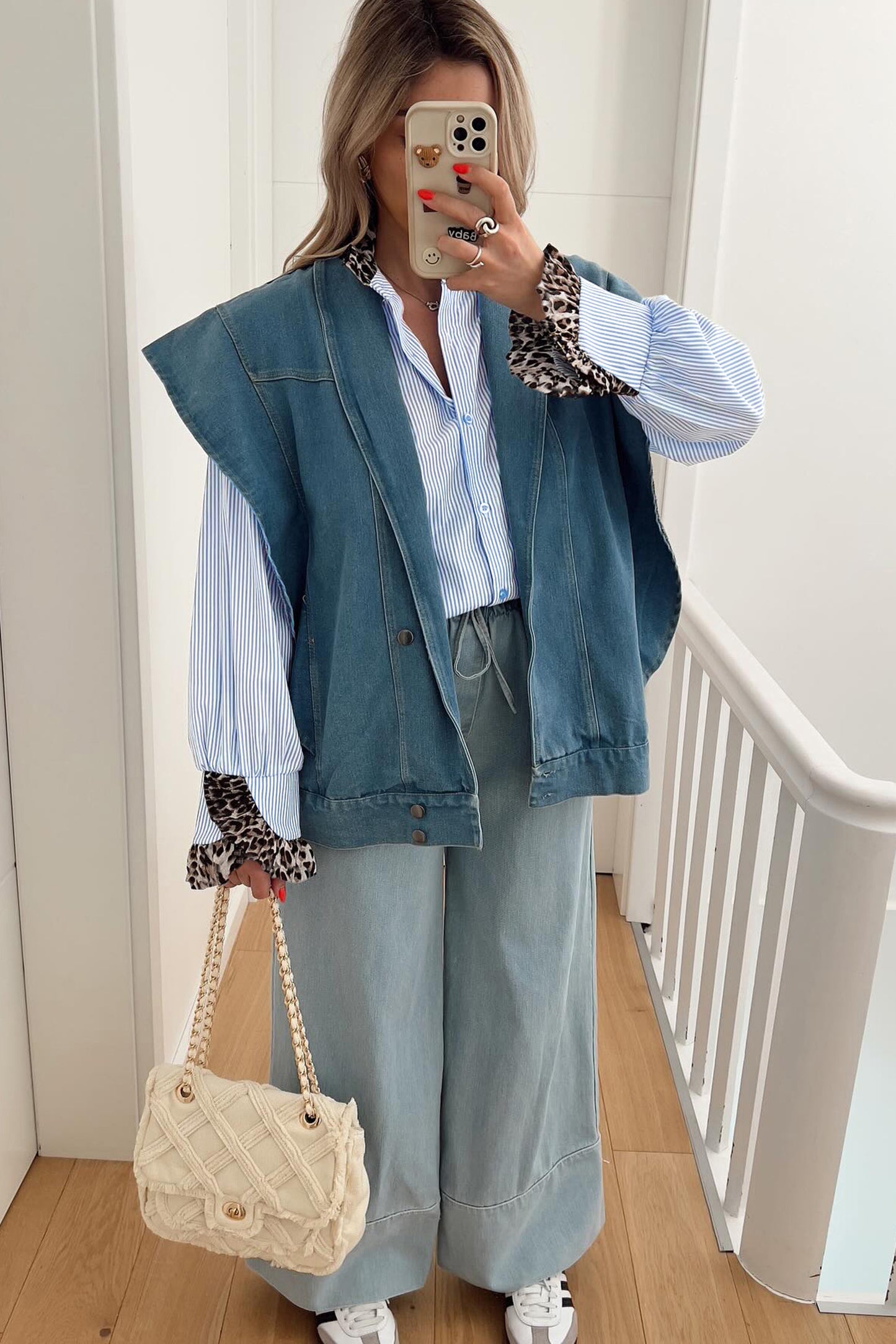 Sky Blue Stripe Ruffled Leopard Patchwork Long Sleeve Button Down Loose Shirt.