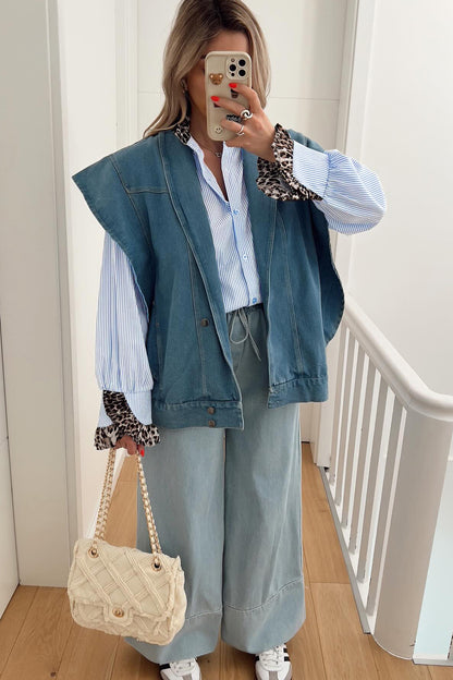 Sky Blue Stripe Ruffled Leopard Patchwork Long Sleeve Button Down Loose Shirt.