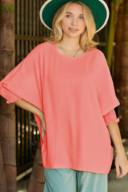 Apricot Solid Casual Smocked Cuffs Batwing Sleeve Blouse - Cowaa