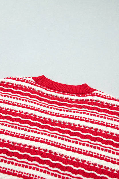 Red Geometric Striped Pattern V Neck Button Front Casual Knit Cardigan