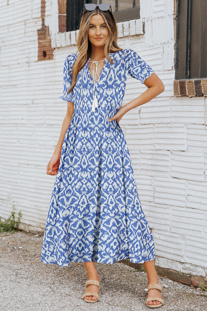 Sky Blue Geometric Print Casual V Neck Maxi Dress - Cowaa