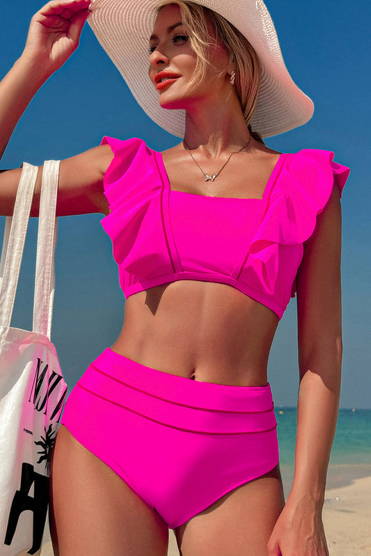 Bright Pink Tie Back Ruffled 2pcs Bikini Swimsuit