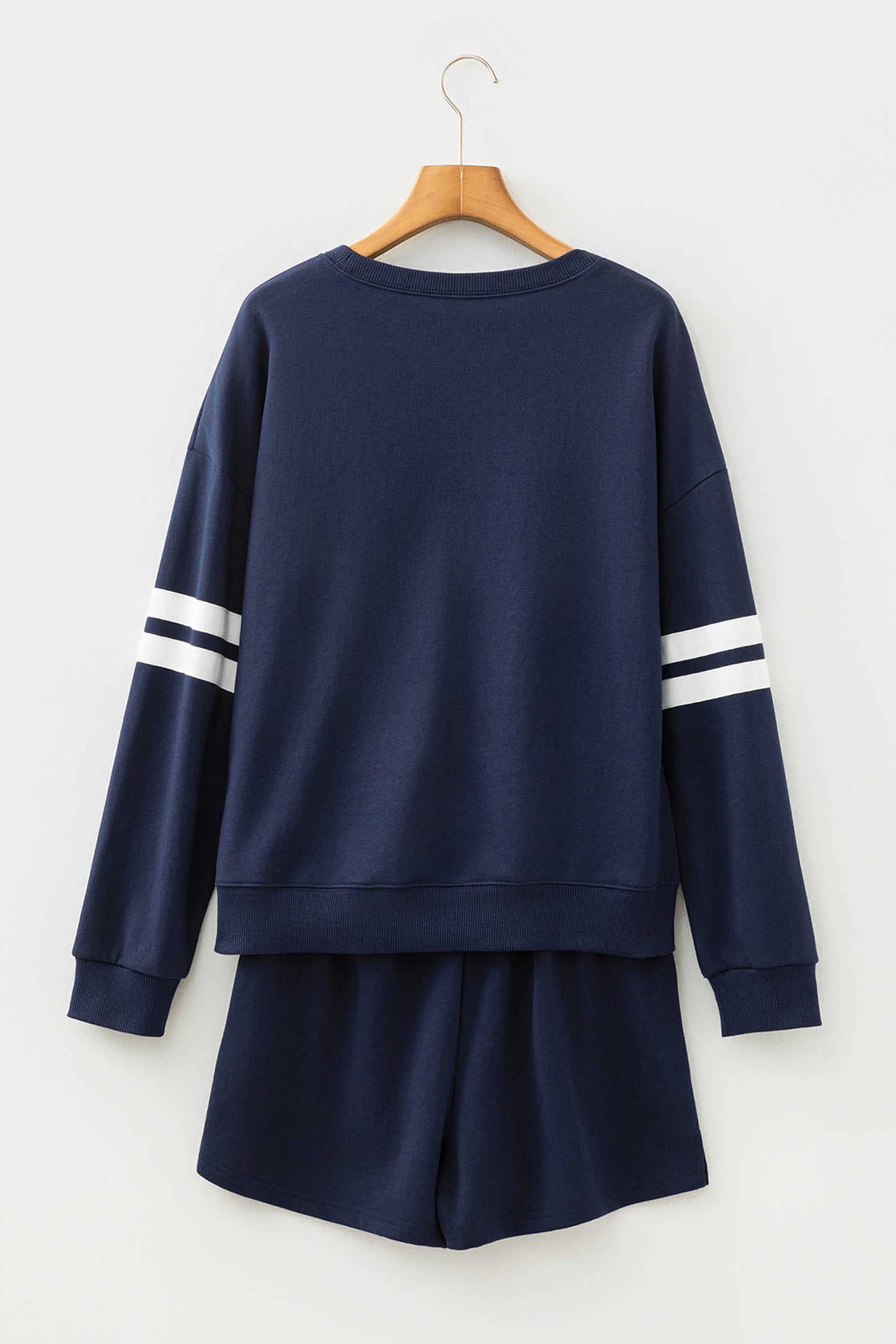 Navy Blue Varsity Striped Sleeve Drop Shoulder Sweatshirt and Short Set - Cowaa