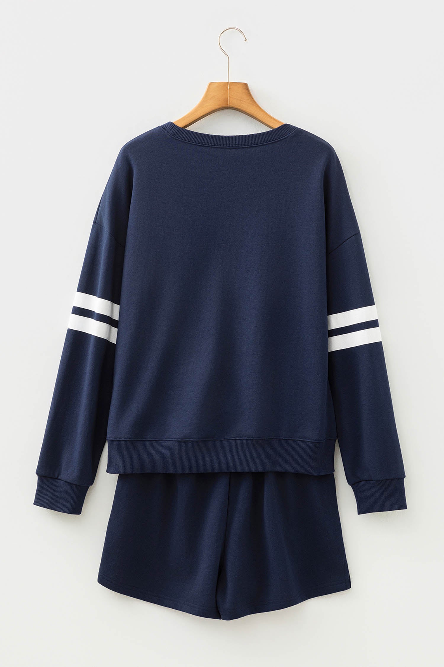 Navy Blue Varsity Striped Sleeve Drop Shoulder Sweatshirt and Short Set - Cowaa