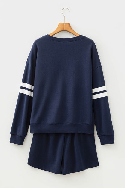 Navy Blue Varsity Striped Sleeve Drop Shoulder Sweatshirt and Short Set - Cowaa